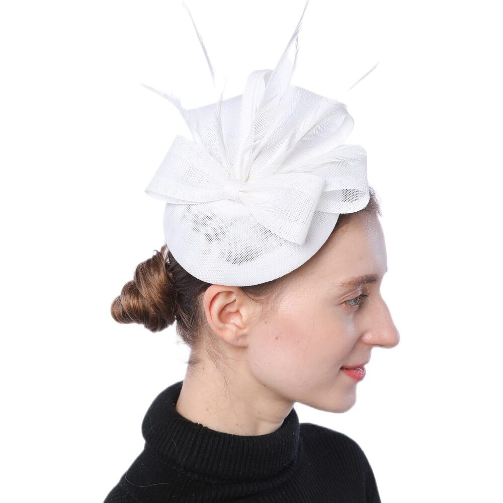 8961 Womens Fascinator Hat Sinamay Pillbox Flower Feather Tea Party Derby